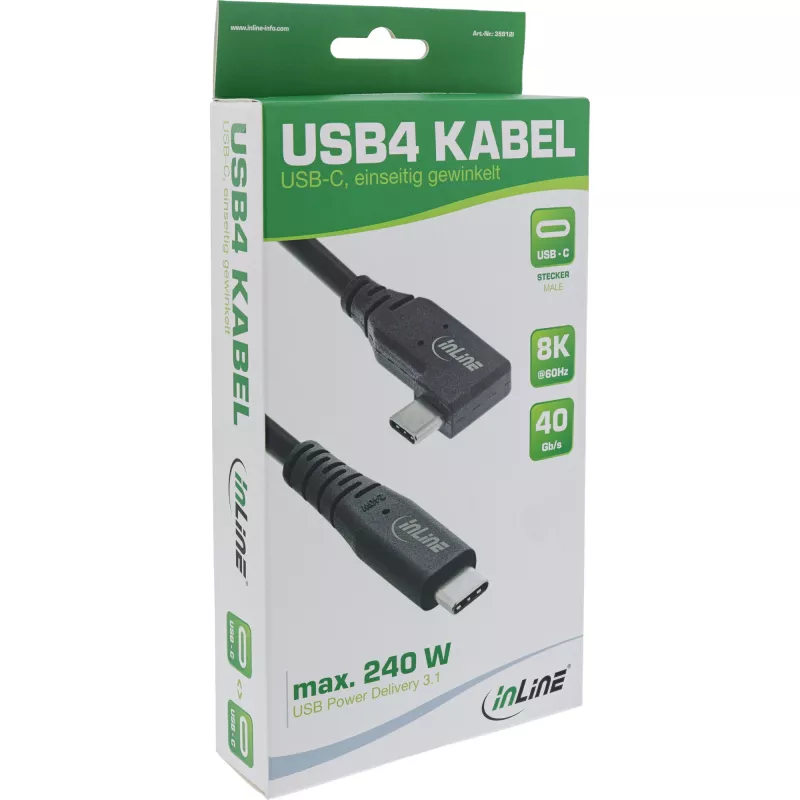 InLine USB4 laidas, USB-C, vienas kampuotas, PD 240W, 8K60Hz, TPE, juodas, 2m