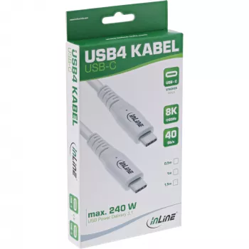 InLine USB4 laidas, USB-C vyriškas/vyriškas, PD 240W, 8K60Hz, TPE, baltas, 0,5 m