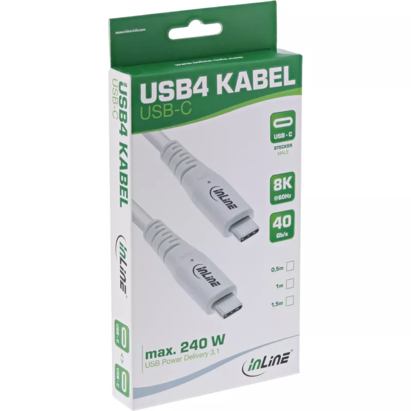 InLine USB4 laidas, USB-C vyriškas/vyriškas, PD 240W, 8K60Hz, TPE, baltas, 0,5 m