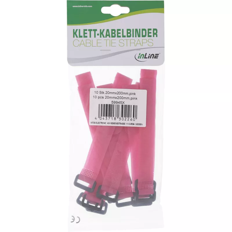 InLine® kabelių raiščiai su lipnia juostele 20 x 200 mm, 10 vnt., rožiniai