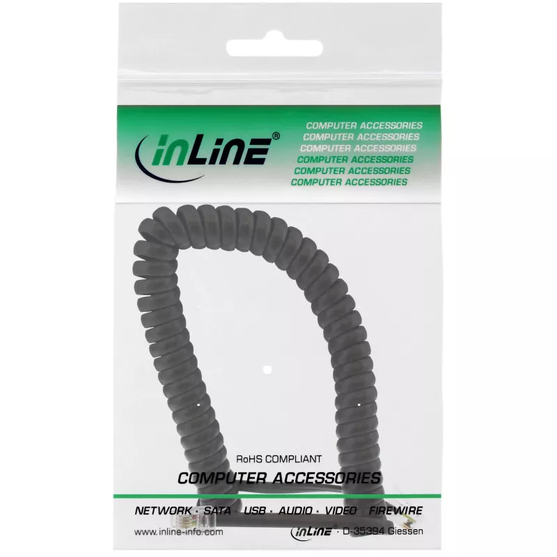 Telefono spiralinis laidas InLine RJ10 4P4C 18893 2 m juodas