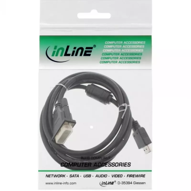 InLine HDMI-DVI laidas, 19 kontaktų kištukas / 18+1 kištukas su ferito žiedu, juodas, 1,8 m