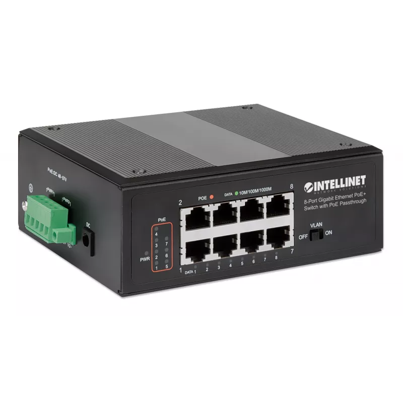 Intellinet 8 prievadų Gigabit Ethernet PoE+ pramoninis tinklo jungiklis