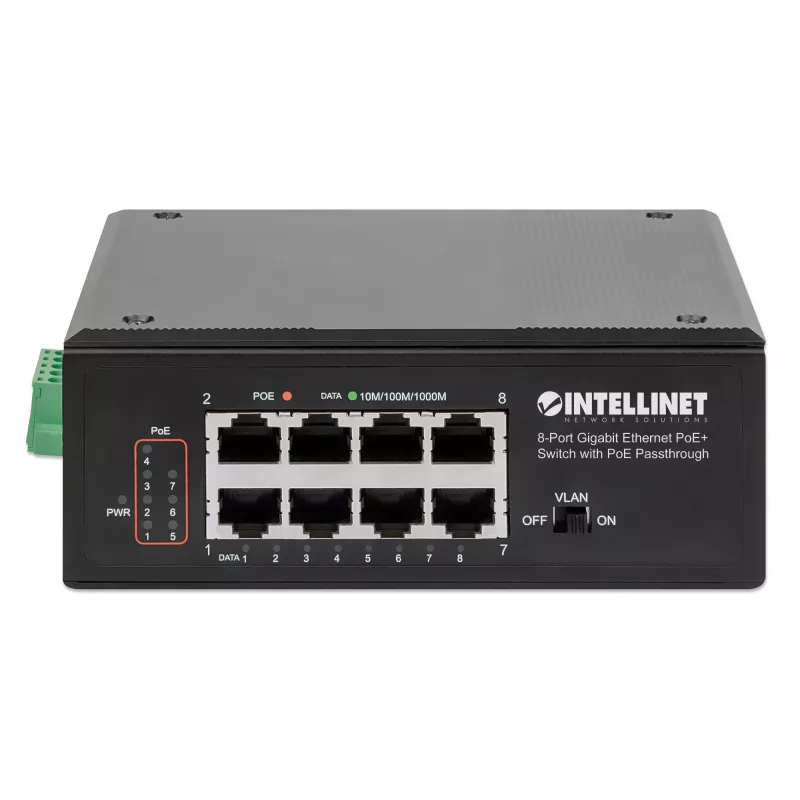 Intellinet 8 prievadų Gigabit Ethernet PoE+ pramoninis tinklo jungiklis