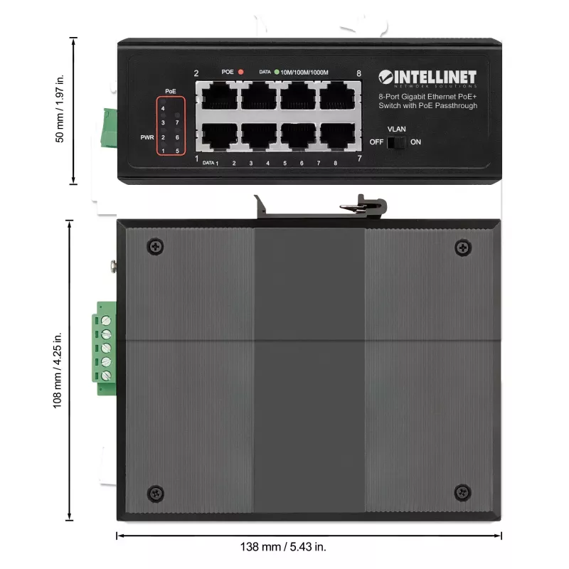 Intellinet 8 prievadų Gigabit Ethernet PoE+ pramoninis tinklo jungiklis