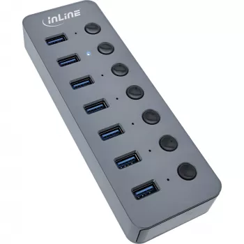 InLine USB 3.2 Gen.1 7 prievadų USB centras su jungikliais, aliuminis, pilkas, su maitinimo bloku