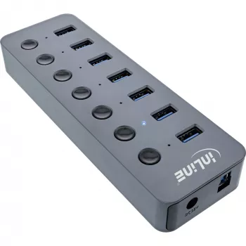 InLine USB 3.2 Gen.1 7 prievadų USB centras su jungikliais, aliuminis, pilkas, su maitinimo bloku