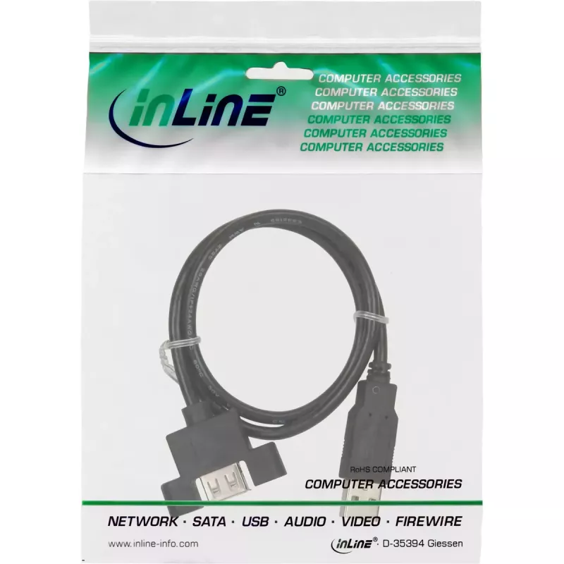 InLine 100 vnt. didmeninė pakuotė USB 2.0 laidas A kištukas į A lizdas skydelio angai 0,6 m