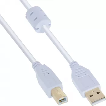 InLine USB 2.0 laidas A tipo kištukas / B tipo kištukas, auksuoti kontaktai, su feritu, baltas, 1,5 m