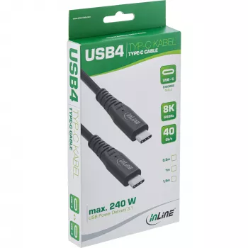 InLine USB4 laidas, USB-C vyriškas/vyriškas, PD 240W, 8K60Hz, TPE juodas 1,5m