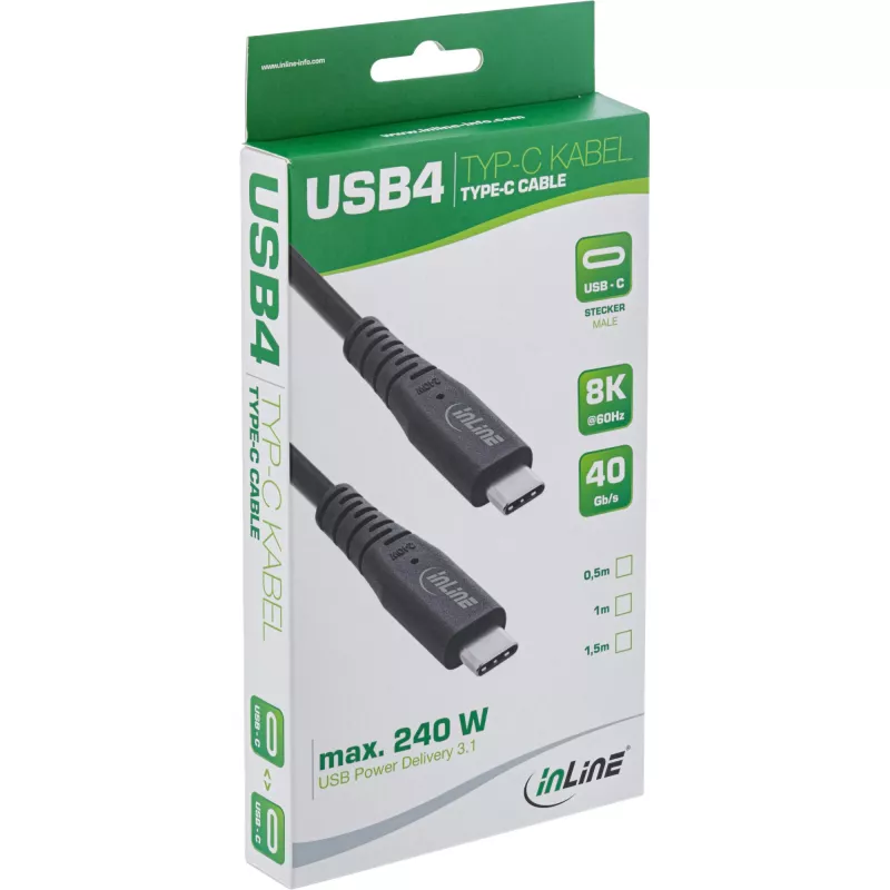 InLine USB4 laidas, USB-C vyriškas/vyriškas, PD 240W, 8K60Hz, TPE juodas 1,5m