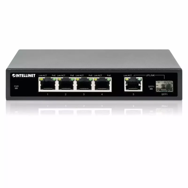 Intellinet 5-portų Gigabit Ethernet PoE+ jungiklis su SFP prievadu, 91 W galios biudžetas