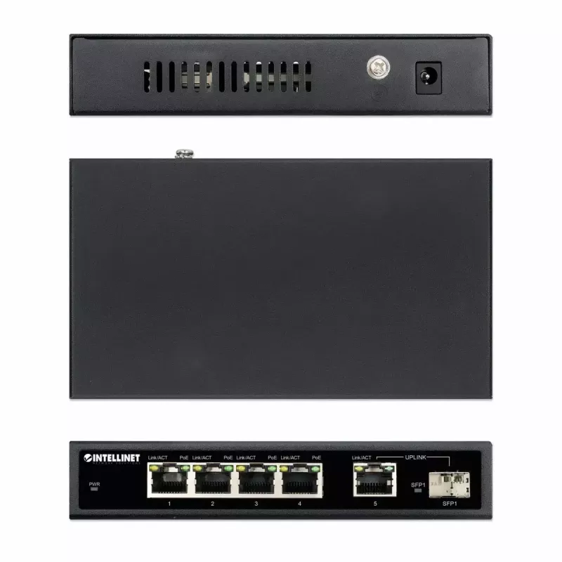 Intellinet 5-portų Gigabit Ethernet PoE+ jungiklis su SFP prievadu, 91 W galios biudžetas