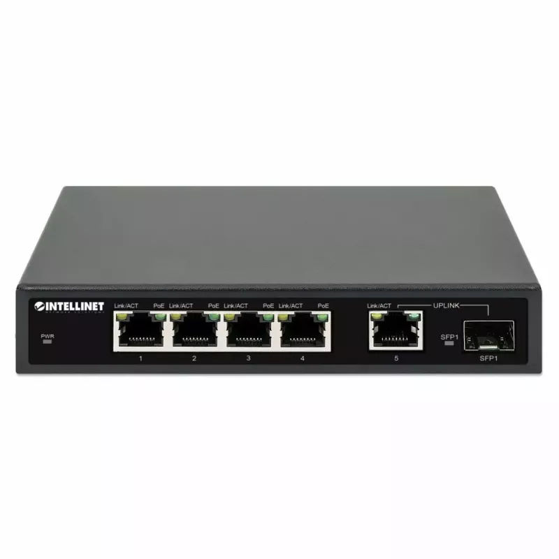 Intellinet 5-portų Gigabit Ethernet PoE+ jungiklis su SFP prievadu, 91 W galios biudžetas