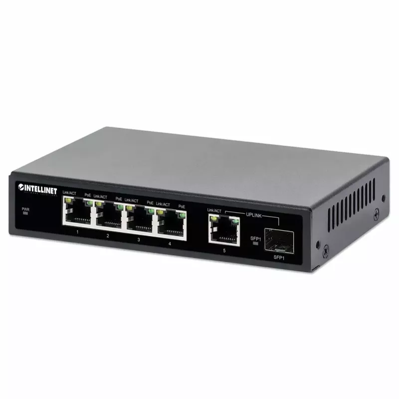 Intellinet 5-portų Gigabit Ethernet PoE+ jungiklis su SFP prievadu, 91 W galios biudžetas