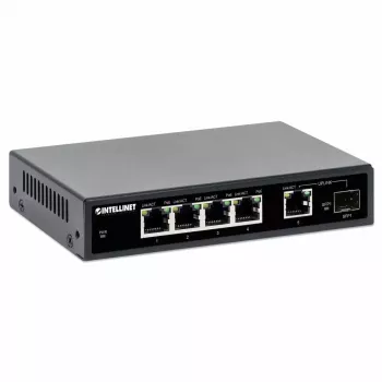 Intellinet 5-portų Gigabit Ethernet PoE+ jungiklis su SFP prievadu, 91 W galios biudžetas