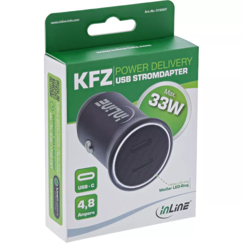 InLine 31502Y automobilinis USB įkroviklis su PD 3.0, 2x USB-C, juodas