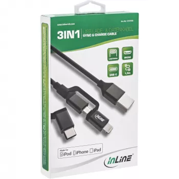 InLine 3-in-1 USB laidas, USB-A M prie Micro-USB+USB-C+Lightning, juodas/aliuminis