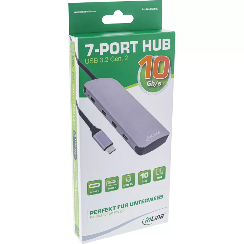 InLine USB 3.2 Gen.2 Hub, 4x USB-C + 3x USB-A, PD 100W, aliuminis, pilkas