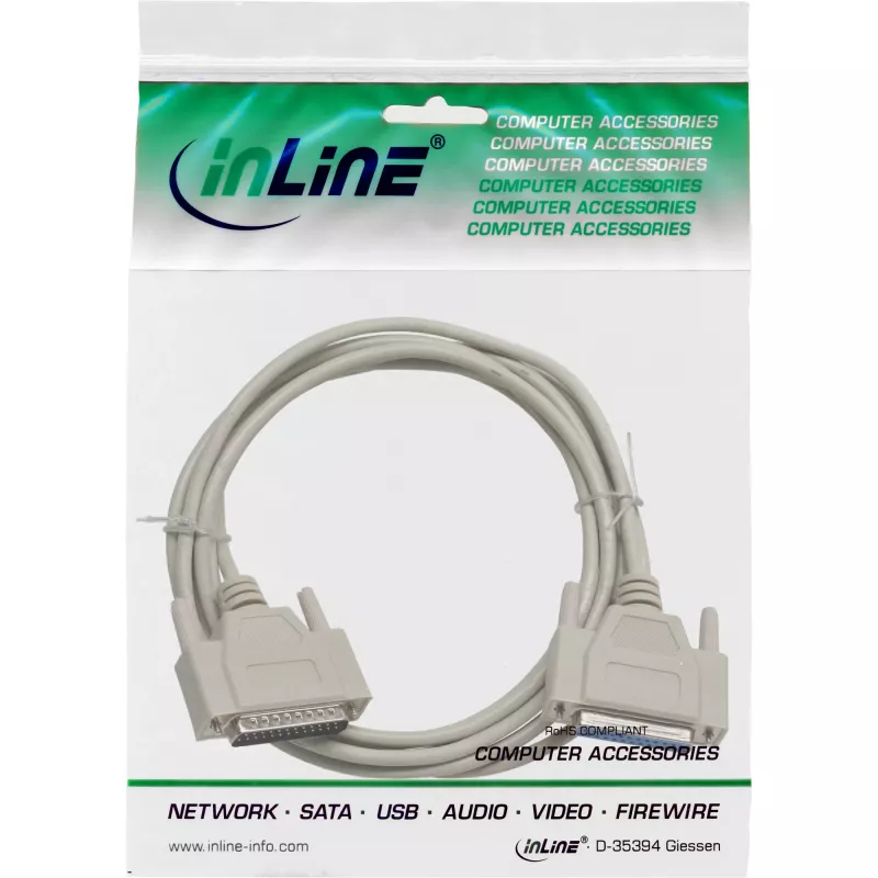 InLine Serial Cable Molded DB25 vyriškas / moteriškas tiesioginis pilkas 3 m