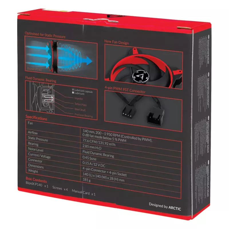 ARCTIC BioniX P140 (Raudona) – Slėgiui optimizuotas 140 mm žaidimų ventiliatorius su PWM PST