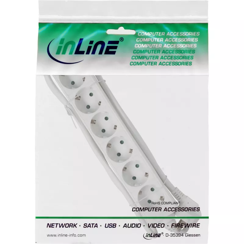 InLine kištukinis lizdų blokas, 6 lizdai su apsauginiu kontaktu CEE 7/3, baltas, 1,5 m