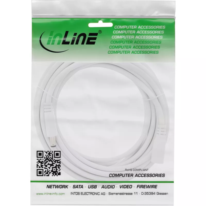 InLine DC ilginimo laidas, DC kištukas/lizdas 5.5x2.5mm, AWG 18, baltas 5m