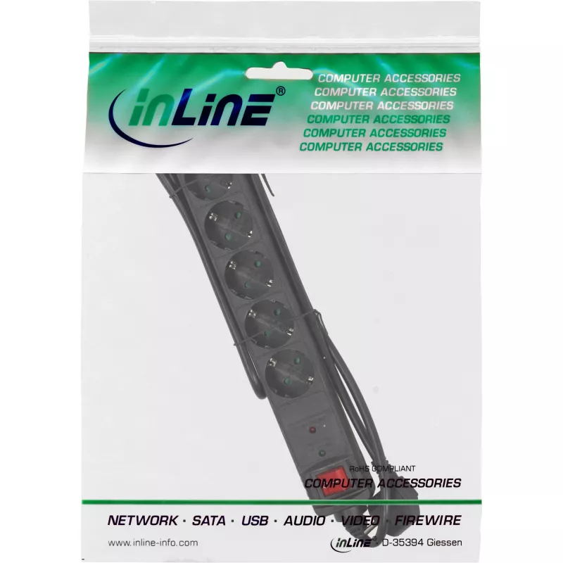 InLine 16461P 6‑vietis kištukinis lizdas CEE 7/3 su apsauga nuo viršįtampių ir jungikliu, juodas
