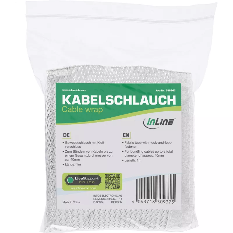 InLine kabelių kanalas, audeklinė žarna su lipnia juosta, 1m x 25mm balta