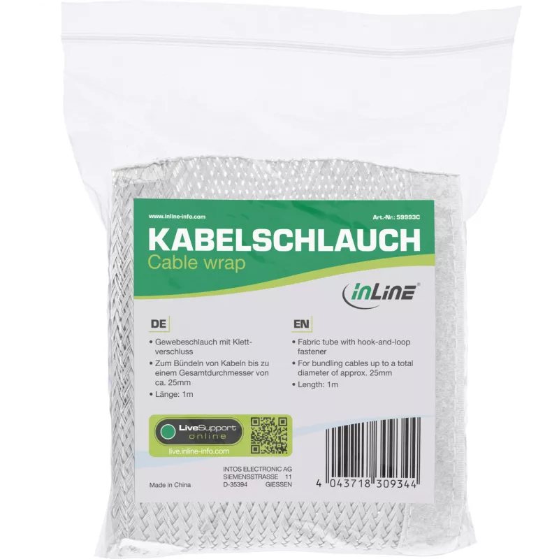 Kabelių rankovė InLine 1 m × 25 mm, tekstilinis vamzdelis su lipnia juostele, balta