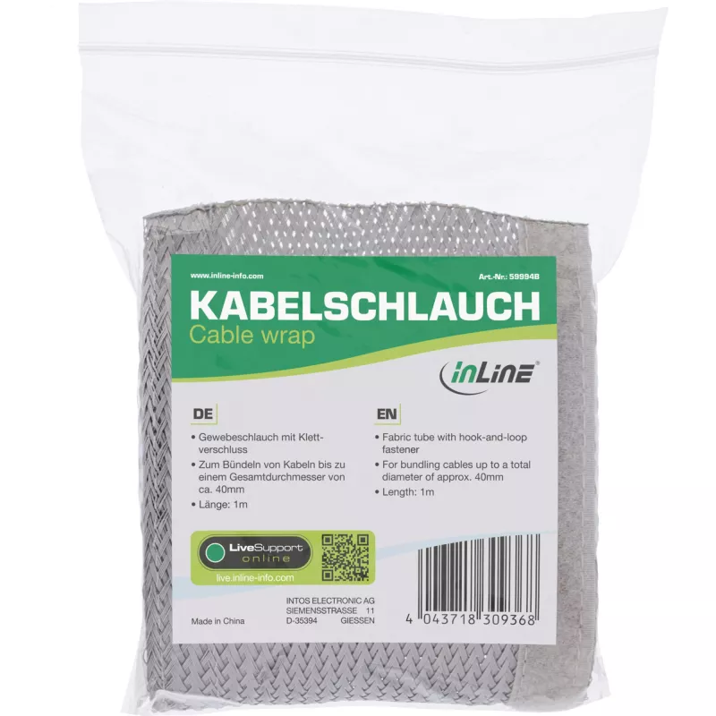 InLine kabelių kanalas, audeklinė žarna su lipduku, 1m x 25mm pilka