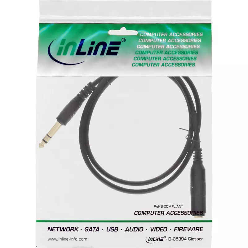 InLine ausinių ilginimo kabelis 6,3 mm stereo M/F, auksuoti kontaktai, juodas, 1 m