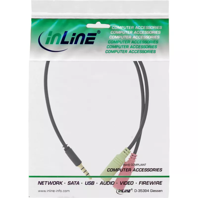 InLine garso ausinių adapterio laidas 3,5 mm kištukas 4 kontaktų / 2x 3,5 mm, juodas, 1 m