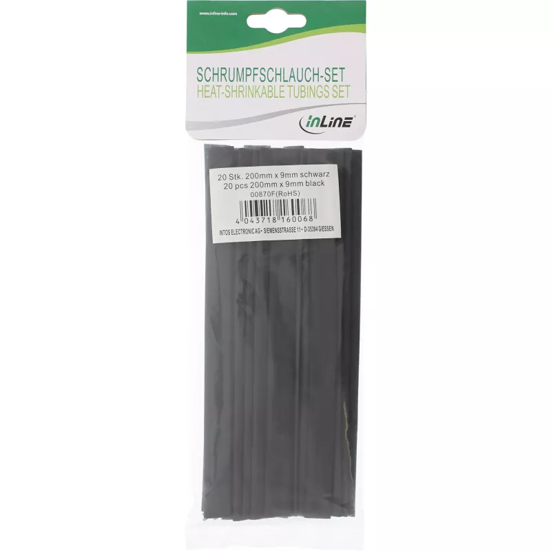 Termosusitraukiančių vamzdelių rinkinys InLine 200 mm ilgio, skersmenys 9 mm → 4,5 mm, 20 vnt., juodi
