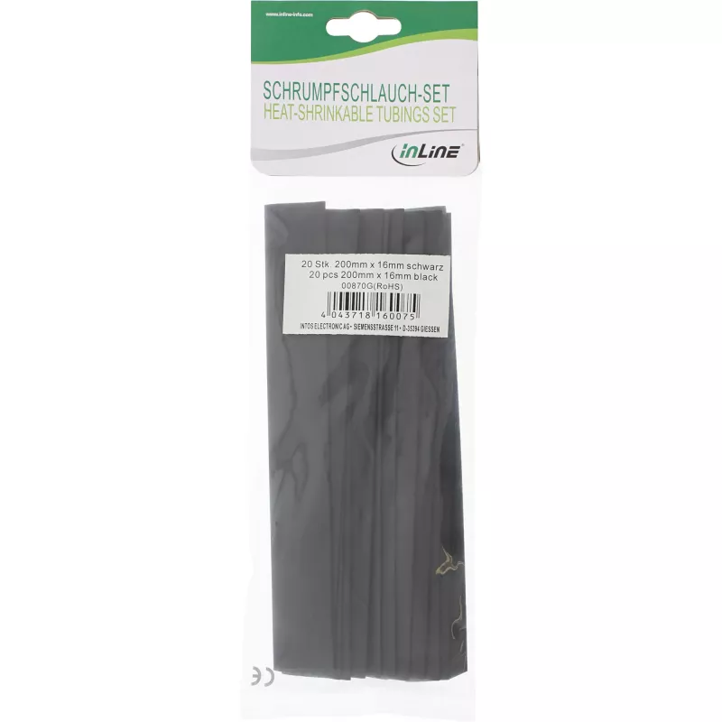 Termosusitraukianti žarna InLine 200 mm, skersmuo 16 mm → 8 mm, 20 vnt., juoda