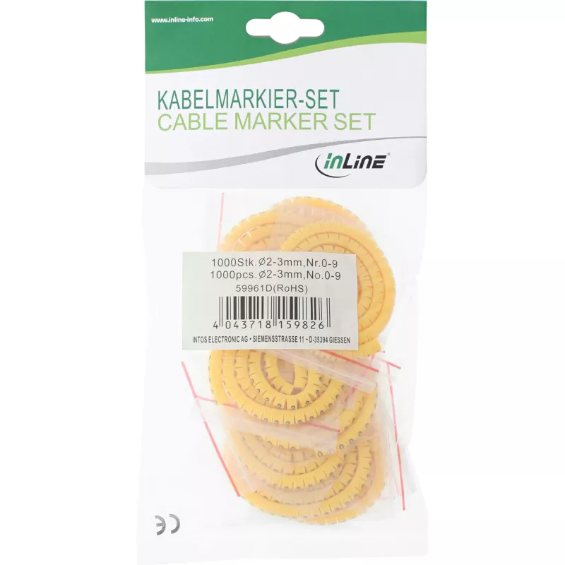 Kabelių žymekliai InLine 2–3 mm, skaitmenys 0–9, 1000 vnt., geltoni