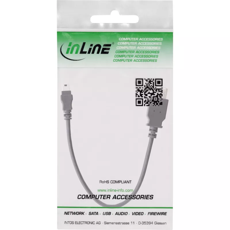 InLine USB 2.0 laidas A lizdas / Mini 5 kištukas 0,2 m, Mini-USB B, USB A, USB 2.0, Kištukas/Lizdas, Juodas