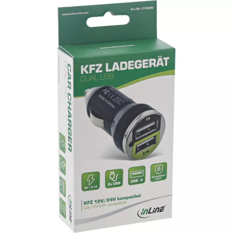 InLine USB automobilinis kroviklis + maitinimo adapteris bet kokiam USB įrenginiui 12/24V į 5V DC/2.1A