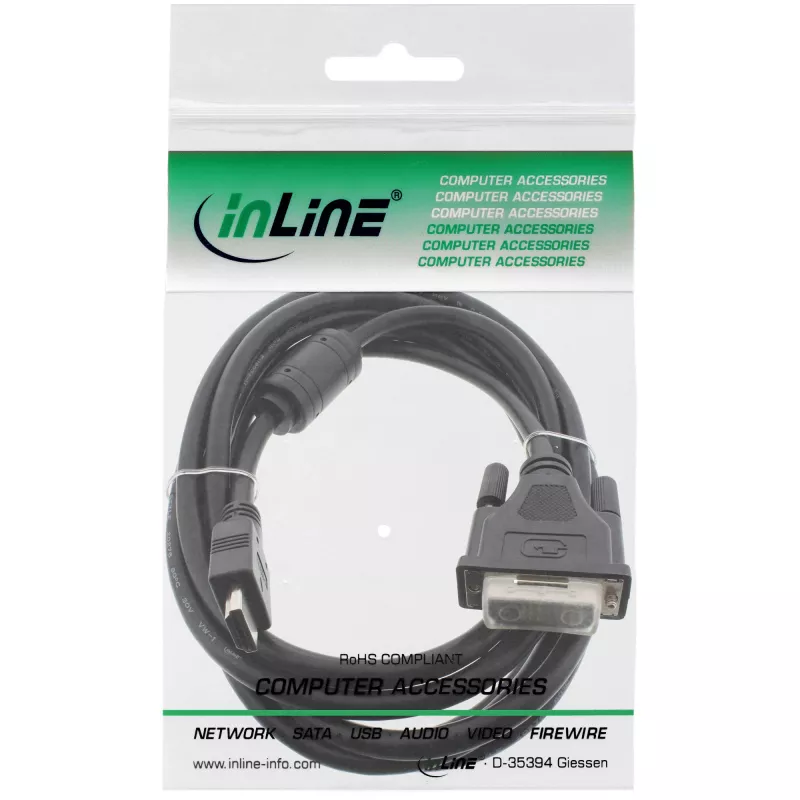 InLine HDMI-DVI laidas 19 kontaktų kištukas / 18+1 kištukas su ferito žiedu juodas 3 m