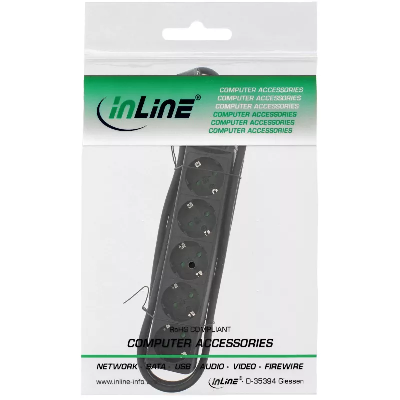 InLine 5-jungčių rozetė su įžeminimu CEE 7/3, juoda, 1,5 m