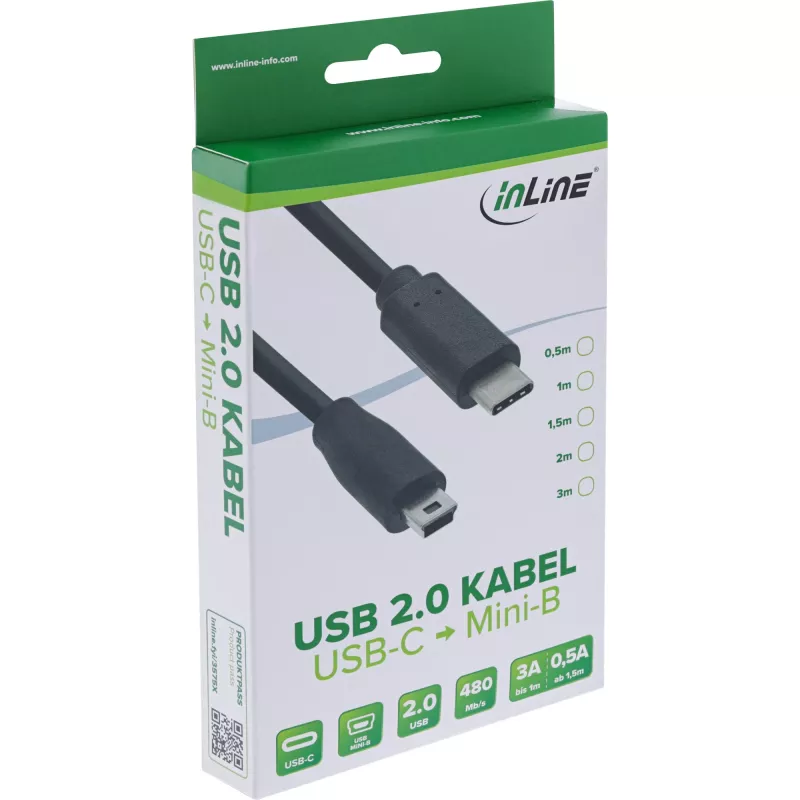 InLine USB 2.0 laidas, USB-C kištukas / mini-B (5 kontaktų) kištukas, juodas, 3 m