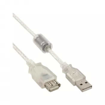 InLine USB 2.0 prailginimo kabelis Type A M/F, permatomas, su feritu, 1 m