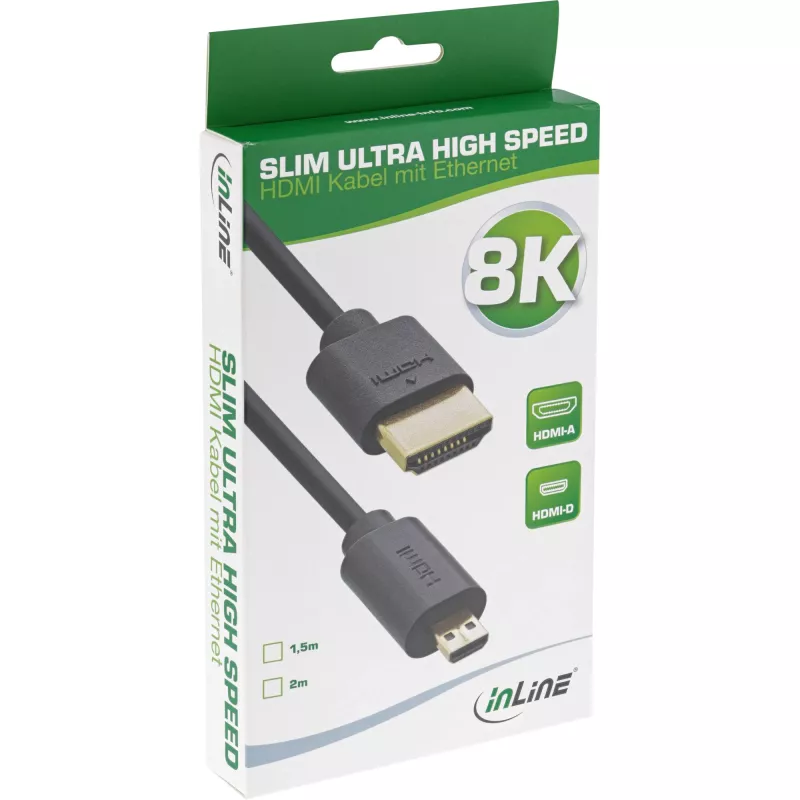 InLine Slim Ultra High Speed HDMI kabelis AM/DM 8K4K, auksu padengtas, juodas, 2 m