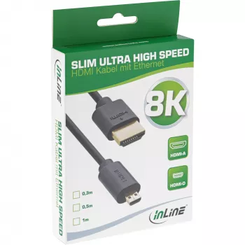 InLine Slim Ultra High Speed HDMI kabelis AM/DM 8K4K, auksu padengtas, juodas, 1 m