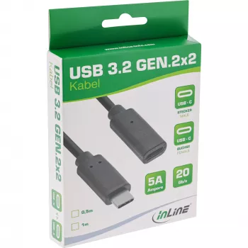 InLine USB 3.2 Gen.2x2 ilginimo laidas, USB-C kištukas / lizdas, juodas, 0,5 m