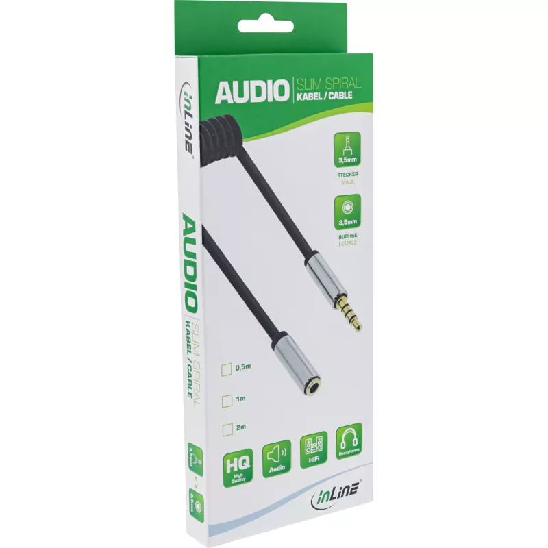 InLine Slim Audio spiralinis kabelis 3,5 mm kištukas / lizdas, 4 kontaktų, Stereo, 0,5 m