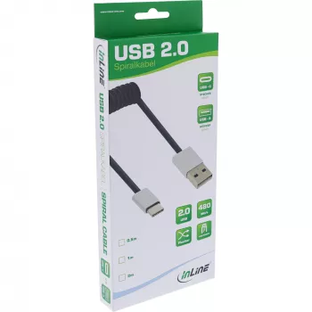InLine USB 2.0 spiralinis kabelis, USB-C (vyriškas) / USB-A (vyriškas), juodas/aliuminis, lankstus, 0,5 m