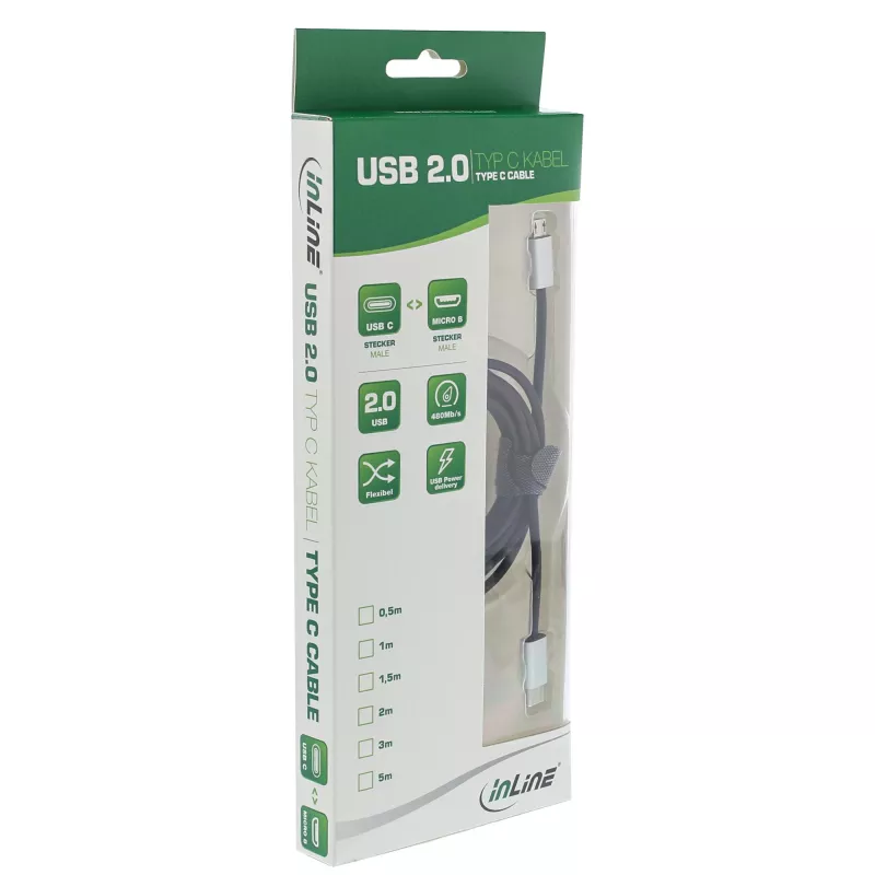 InLine USB 2.0 laidas, USB-C kištukas / Micro-B kištukas, juodas/alu, lankstus, 1,5 m
