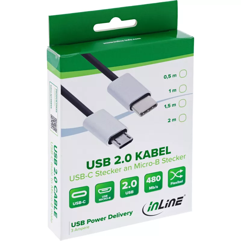 InLine USB 2.0 laidas, USB-C kištukas / Micro-B kištukas, juodas/aliuminis, lankstus, 0,5 m