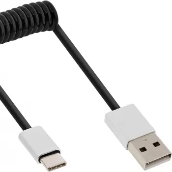 InLine USB 2.0 spiralinis laidas, USB-C kištukas / USB-A kištukas, juodas/alu, lankstus, 2 m